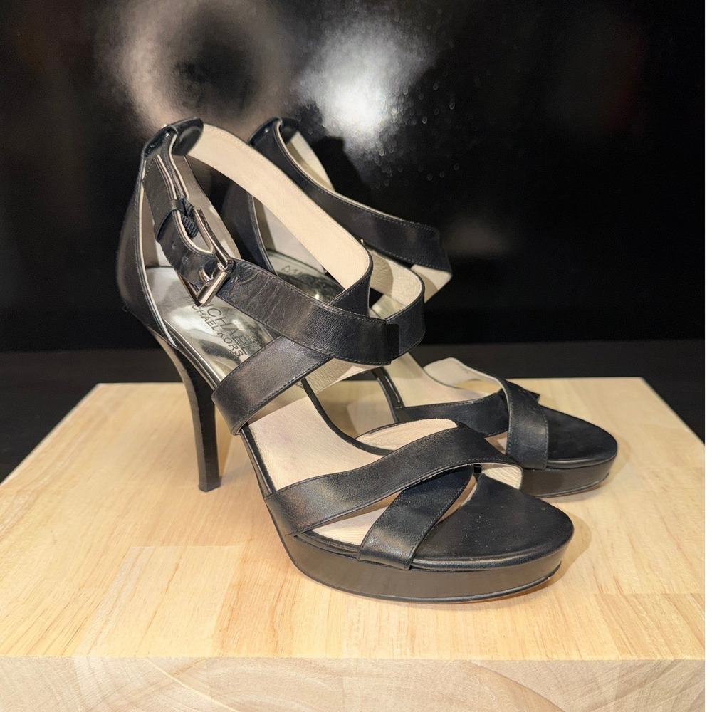 MICHAEL KORS Womens Black Leather Strappy Platform Stiletto Heels Size 7 - Picture 8 of 8